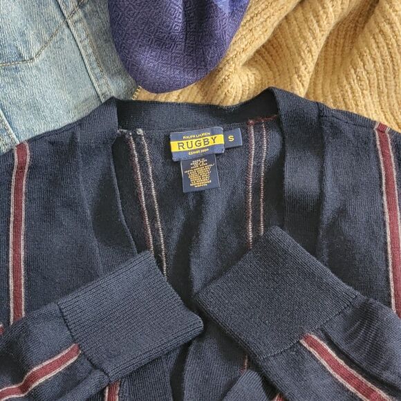 Ralph Lauren Rugby Cardigan Sweater Womens Small Blue Striped 100% Merino Wool - Picture 9 of 12